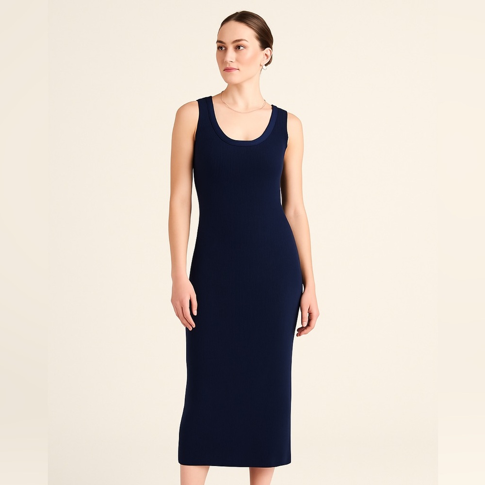 👗 J.Crew Navy Ribbed Knit Midi Dress XS‎ – Classic Scoop Neck Style ✨